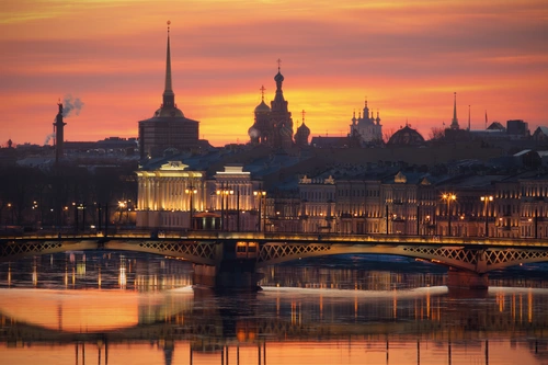 вечер, закат, санкт-петербург, мост, нева, город, красные, желтые, фиолетовые