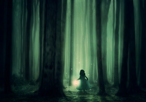 лес, деревья, туман, девочка с фонариком, лампа, зелёные, чёрные